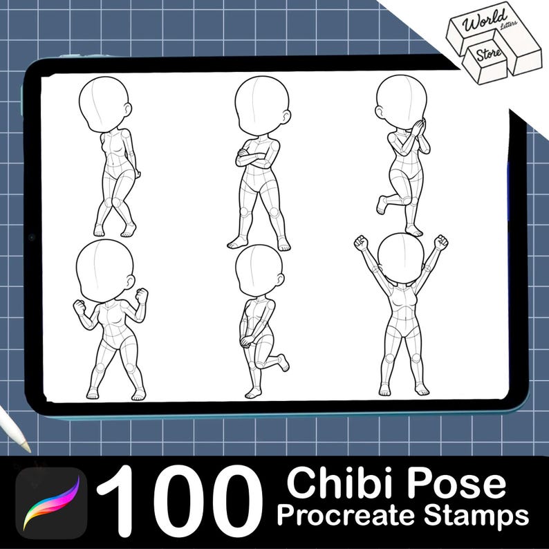 Puede incluir: Una pantalla de tableta digital que muestra seis poses de personajes chibi en arte lineal blanco y negro con caras en blanco y l&iacute;neas de construcci&oacute;n. El texto 100 Chibi Pose Procreate Stamps est&aacute; abajo y el logo World Letters Store en la esquina.