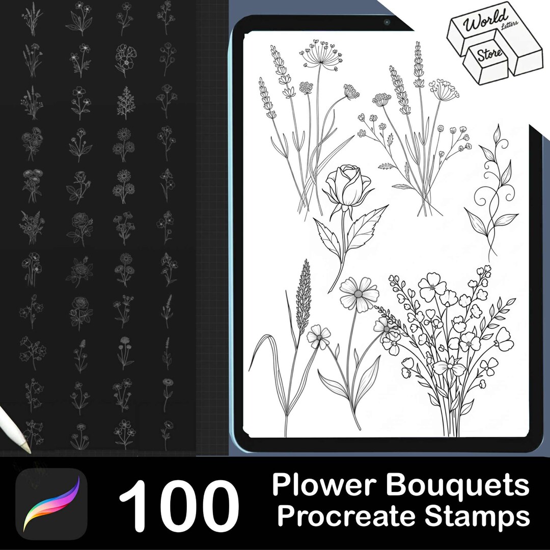 120 Procreate Flower Bouquet Procreate Stamps: Floral Botanical Brushes ...