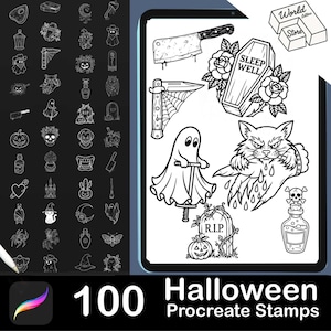 Puede incluir: Una pantalla de tableta digital que muestra una colección de 100 sellos Procreate con temática de Halloween en arte lineal en blanco y negro. Los diseños incluyen un cuchillo de carnicero, un ataúd con el texto Sleep Well y una lápida.