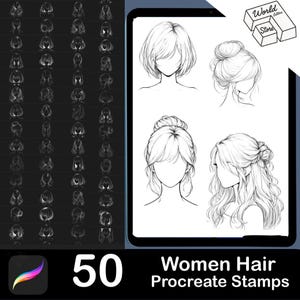Puede incluir: Conjunto de arte digital de 50 sellos Procreate de cabello de mujer. La imagen muestra varios peinados, incluyendo bobs, moños y mechones sueltos. La imagen también incluye el logotipo de "World Letters Store" y el logotipo de la aplicación Procreate.