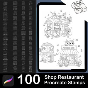 May include: Black and white Procreate stamps featuring 100 shop and restaurant designs. The image includes illustrations of bubble tea shops and other buildings. The text reads "Shop Restaurant Procreate Stamps".