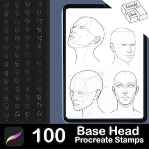 May include: Digital art stamps for Procreate featuring 100 base head designs. The image shows a tablet displaying several head sketches with geometric guidelines, alongside a collection of small head outlines. The text reads "100 Base Head Procreate Stamps."