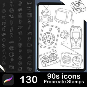 May include: Black and white digital illustration of 90s icons, including a robot, television, speaker, cassette tape, radio, and a walkie-talkie. The image also includes 130 Procreate stamps and the text "90s icons Procreate Stamps".