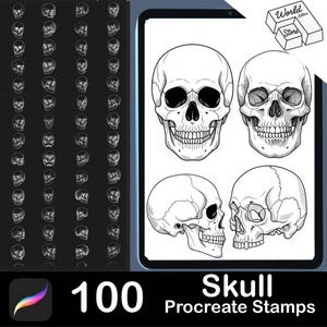 Könnte beinhalten: Digitales Kunstset mit 100 Procreate-Stempeln mit Schädeln. Das Bild zeigt vier detaillierte Schädelillustrationen in Schwarzweiß mit verschiedenen Ansichten. Der Text "Skull Procreate Stamps" wird unter den Schädeln zusammen mit der Zahl "100" angezeigt.