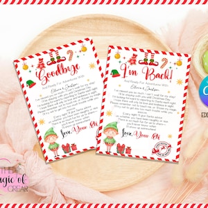 Puede incluir: Dos tarjetas festivas de despedida y bienvenida de elfos con bordes a rayas rojas y blancas. Cada tarjeta presenta ilustraciones de elfos, decoraciones navideñas y texto. Las tarjetas están sobre un plato de madera con elementos decorativos.