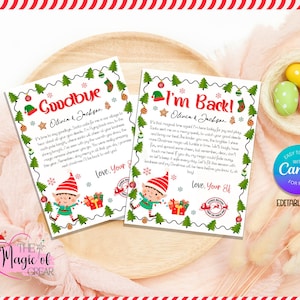 Puede incluir: Dos tarjetas navideñas con bordes festivos e ilustraciones de elfos. Una tarjeta dice "Goodbye" y la otra "I'm Back!". Ambas tarjetas tienen mensajes personalizados y están decoradas con elementos navideños.