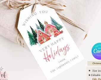 Printable Christmas Gift Tags - Rustic Red Truck and Barn Winter Scene - Editable Canva Template Digital Download