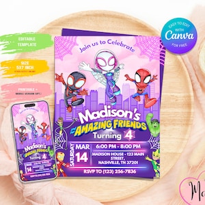 Editable Ghost Spider Birthday Invitation, Spidey Girl Birthday Invitation, Spider Girl Party, Editable Canva Template,