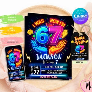 I Was 6 Now I’m 7 Birthday Invitation, 6-7 Bruh Neon Party Invite, Glow Birthday Digital Download, Editable Canva Kids Boy Invite