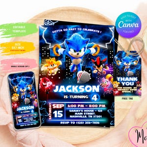 Puede incluir: Una invitación de cumpleaños y una etiqueta a juego con el personaje Sonic the Hedgehog. La invitación es azul con el texto "Jackson cumple 4 años" y los detalles del evento. Un teléfono móvil muestra la invitación. Una etiqueta dice "Gracias".