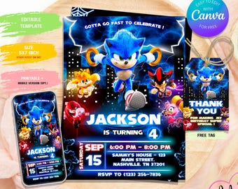 Sonic-Geburtstagseinladung | Sonic The Hedgehog-Partyeinladung | Bearbeitbare Canva-Vorlage | Druckbarer Kindergeburtstag | Kostenloses Dankeschön-Tag
