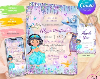 Uitnodiging voor de verjaardag van Jasmine Princess | Bewerkbare Canva-sjabloon | Uitnodiging voor een feest met Arabische Nachten | Afdrukbaar en digitaal te downloaden