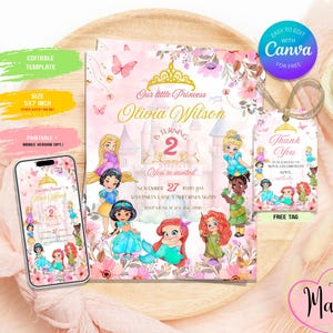 Editable Princess Birthday Invitation – Pink Floral Castle Theme, Instant Download Digital & Printable Invite for Girls - Canva Template