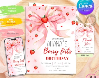 Editable Berry First Birthday Invitation, Strawberry Girl Birthday Invite, Pink Bow First Birthday Party, Digital Download Template