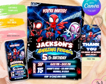 Invitation d'anniversaire Spider-Man et ses amis | Invitation imprimable pour une fête d'enfants Spider-Man | Modèle Canva modifiable | Étiquettes de remerciement gratuites
