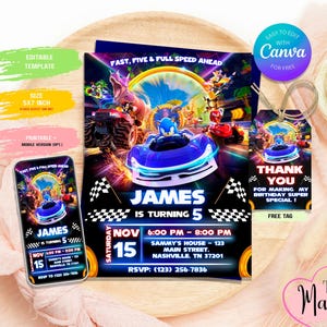 May include: A birthday party invitation and matching tag featuring a blue race car and the text "JAMES IS TURNING 5". The invitation includes event details and a mobile version option. The design is vibrant with a racing theme.