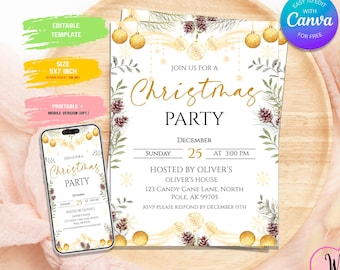 Elegant Christmas Party Invitation | Gold Ornaments Holiday Event Invite | Printable Xmas Celebration