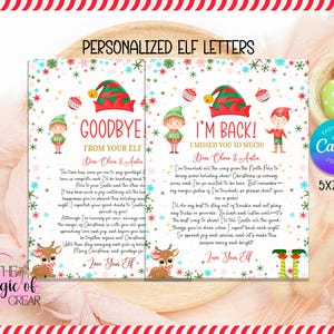 Puede incluir: Dos cartas de duendes personalizadas con diseños festivos. Una dice "¡Adiós!" y la otra dice "¡He vuelto!" Ambas cartas presentan ilustraciones de duendes, decoraciones navideñas y texto. Las cartas miden 12,7 x 17,8 cm y son fáciles de editar con Canva.