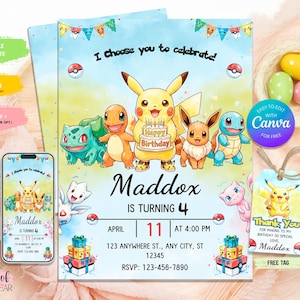 May include: A birthday party invitation featuring Pikachu and other Pokémon characters. The invitation includes the text "I choose you to celebrate!" and "Happy Birthday Maddox". The invitation is 5x7 inches.