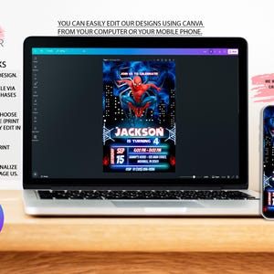 May include: A laptop and smartphone show a custom invitation design with a superhero theme. The invitation includes the name "Jackson", age 4, date, time, and location details. The design is easily editable with Canva.