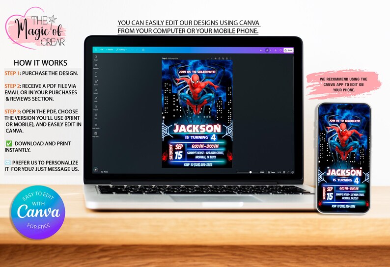 May include: A laptop and smartphone show a custom invitation design with a superhero theme. The invitation includes the name "Jackson", age 4, date, time, and location details. The design is easily editable with Canva.