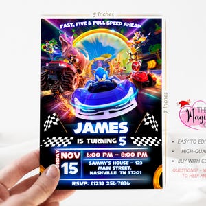 May include: A vibrant invitation card, 5 inches wide and 7 inches tall, featuring a racing theme with the text "FAST, FIVE & FULL SPEED AHEAD." The card includes the name "JAMES" and event details. The design showcases a blue race car and other characters.
