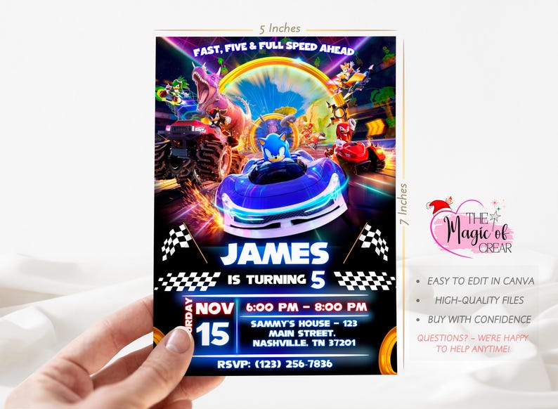 May include: A vibrant invitation card, 5 inches wide and 7 inches tall, featuring a racing theme with the text "FAST, FIVE & FULL SPEED AHEAD." The card includes the name "JAMES" and event details. The design showcases a blue race car and other characters.