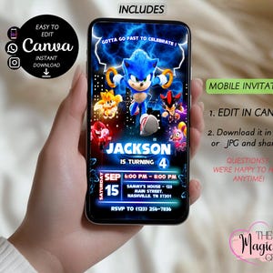 May include: A mobile invitation design featuring the character Sonic the Hedgehog, with the text "Gotta Go Fast to Celebrate!" and event details for a birthday party. The invitation is held on a smartphone.