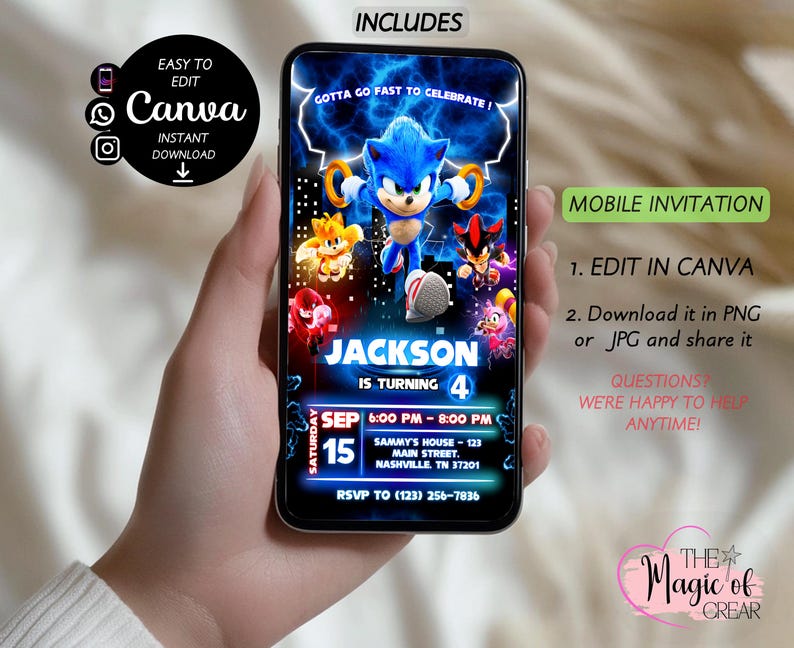 May include: A mobile invitation design featuring the character Sonic the Hedgehog, with the text "Gotta Go Fast to Celebrate!" and event details for a birthday party. The invitation is held on a smartphone.