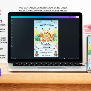 May include: A laptop and smartphone display a birthday invitation design featuring Pikachu and other characters. The invitation includes the text "I choose you to celebrate" and details for Maddox's 4th birthday. The design is easily editable with Canva.