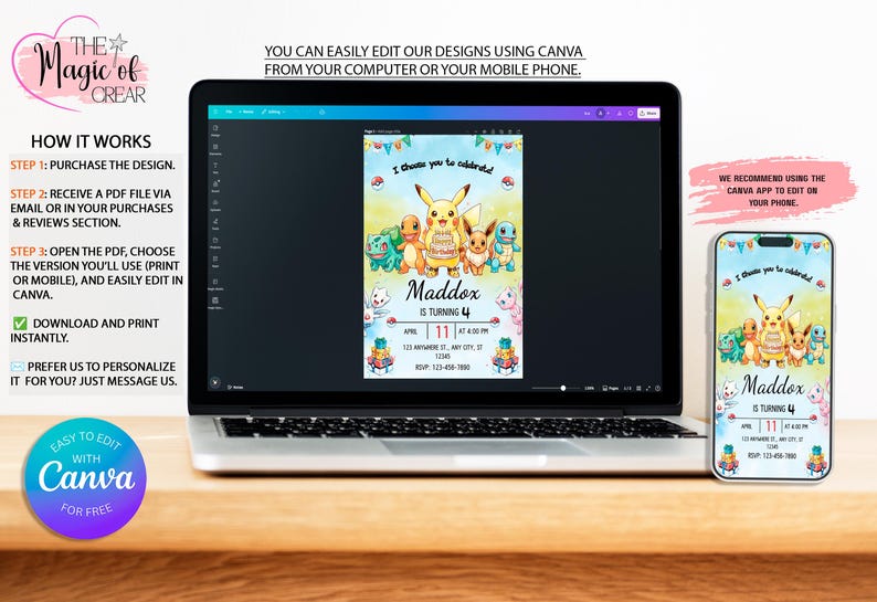 May include: A laptop and smartphone display a birthday invitation design featuring Pikachu and other characters. The invitation includes the text "I choose you to celebrate" and details for Maddox's 4th birthday. The design is easily editable with Canva.