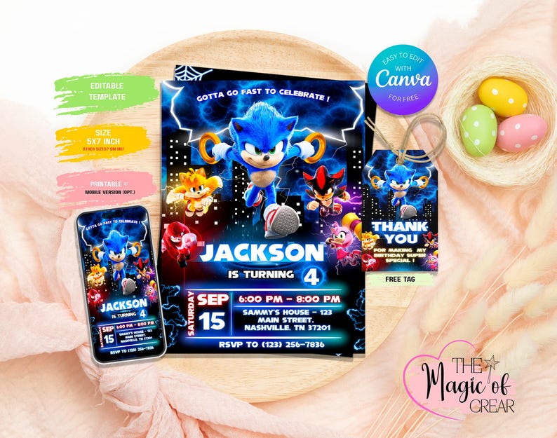 May include: A birthday party invitation and matching tag featuring the character Sonic the Hedgehog. The invitation is blue with the text "Jackson is turning 4" and event details. A mobile phone displays the invitation. A tag says "Thank You".