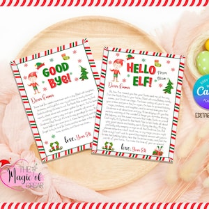 Puede incluir: Dos tarjetas navideñas con bordes rojos, verdes y blancos. Una dice "GOOD BYE!" y la otra "HELLO ELF!". Ambas tarjetas presentan ilustraciones de elfos y texto, perfectas para saludos navideños.