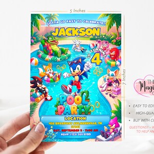 May include: A 5 by 7 inch digital invitation card featuring Sonic the Hedgehog characters at a pool party. The text reads Jackson is turning 4, Pool Party, and includes location, date, and RSVP details. The colorful graphic shows various characters in a swimming pool with palm trees and summer accessories.