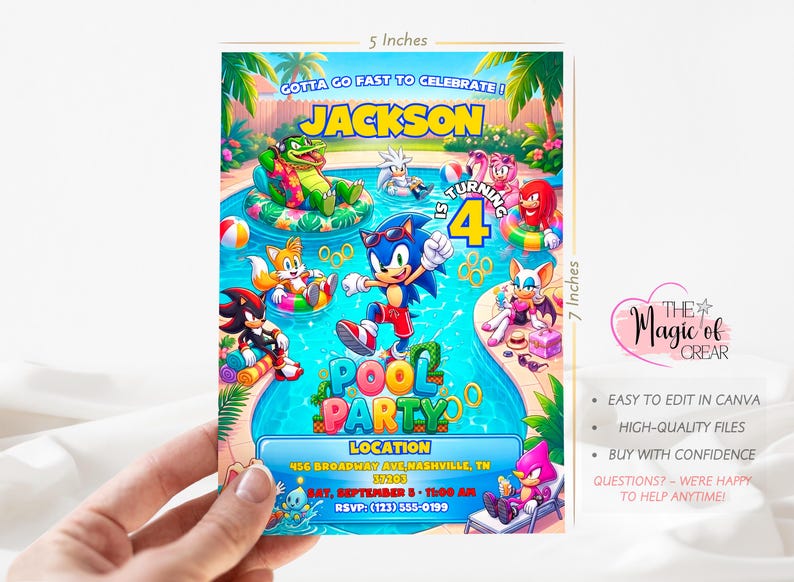 May include: A 5 by 7 inch digital invitation card featuring Sonic the Hedgehog characters at a pool party. The text reads Jackson is turning 4, Pool Party, and includes location, date, and RSVP details. The colorful graphic shows various characters in a swimming pool with palm trees and summer accessories.