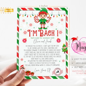 Puede incluir: Una tarjeta imprimible con temática navideña, de 12,7 cm de ancho y 17,8 cm de alto, con un borde rojo y verde. La tarjeta presenta una ilustración de un elfo y el texto "I'M BACK!" con un mensaje para Olivia y Jacob. La tarjeta está diseñada para una fácil edición en Canva.