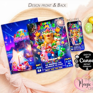 Peut inclure: Une invitation color&eacute;e avec des personnages d'un jeu vid&eacute;o populaire. Le design comprend le texte "Super James" et "Is Turning 7". L'invitation est sur un plateau en bois avec des &oelig;ufs d&eacute;coratifs.