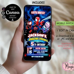 Puede incluir: Un dise&ntilde;o de invitaci&oacute;n m&oacute;vil con personajes de Spider-Man. La invitaci&oacute;n incluye el texto "YOU'RE INVITED!" y detalles para una fiesta de 5 a&ntilde;os, incluyendo la fecha, hora y lugar. El dise&ntilde;o es editable en Canva y de descarga instant&aacute;nea.