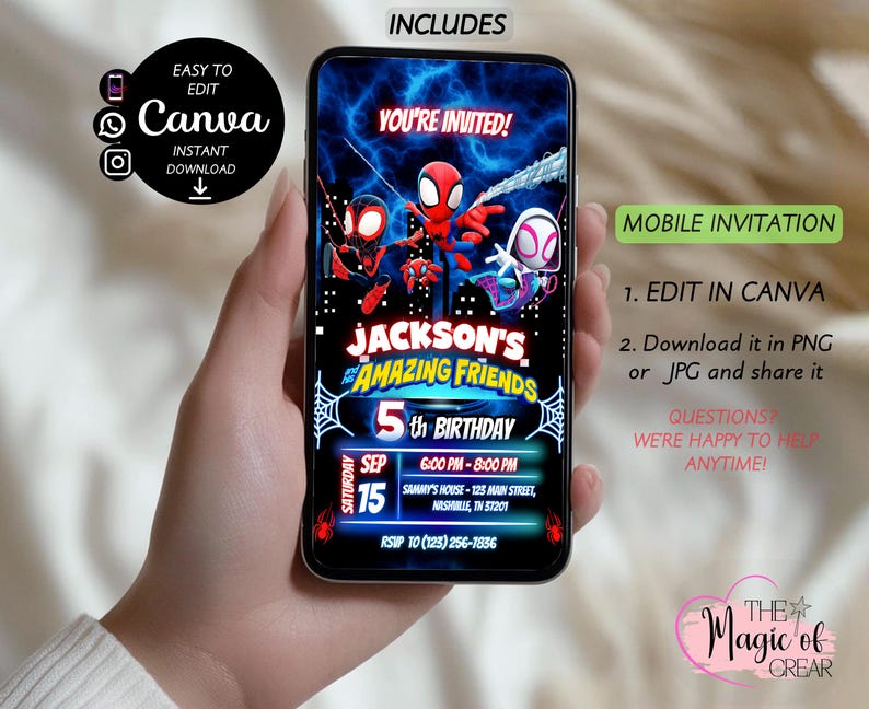 Puede incluir: Un dise&ntilde;o de invitaci&oacute;n m&oacute;vil con personajes de Spider-Man. La invitaci&oacute;n incluye el texto "YOU'RE INVITED!" y detalles para una fiesta de 5 a&ntilde;os, incluyendo la fecha, hora y lugar. El dise&ntilde;o es editable en Canva y de descarga instant&aacute;nea.