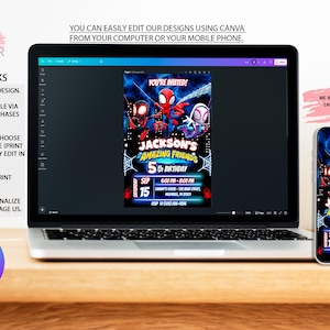 Puede incluir: Un port&aacute;til y un smartphone muestran un dise&ntilde;o de invitaci&oacute;n de cumplea&ntilde;os con personajes de Spider-Man. La invitaci&oacute;n incluye el texto "Jackson's Amazing Friends 5th Birthday" con detalles del evento. El dise&ntilde;o es f&aacute;cil de editar con Canva.