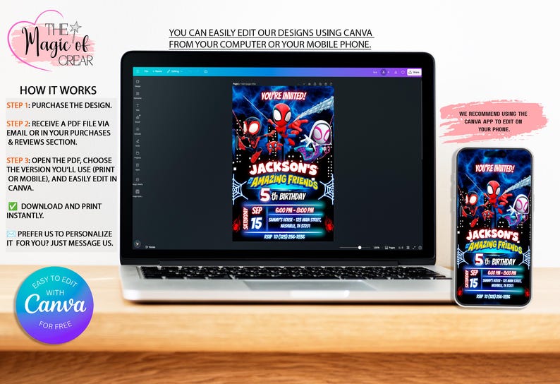 Puede incluir: Un port&aacute;til y un smartphone muestran un dise&ntilde;o de invitaci&oacute;n de cumplea&ntilde;os con personajes de Spider-Man. La invitaci&oacute;n incluye el texto "Jackson's Amazing Friends 5th Birthday" con detalles del evento. El dise&ntilde;o es f&aacute;cil de editar con Canva.