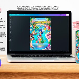 May include: A laptop and a smartphone displaying a digital Sonic the Hedgehog themed pool party invitation template. The design features the text Jackson, Pool Party, and various cartoon characters in a vibrant, colorful tropical setting.