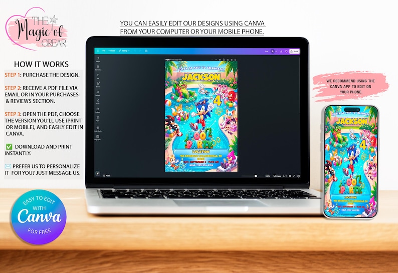 May include: A laptop and a smartphone displaying a digital Sonic the Hedgehog themed pool party invitation template. The design features the text Jackson, Pool Party, and various cartoon characters in a vibrant, colorful tropical setting.