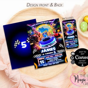 May include: A birthday invitation set with a racing theme. The design includes a blue and black card with a checkered flag and the number 5. The main invitation features a race car and the text "James is turning 5". A phone-sized version is also included.