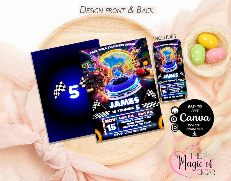 May include: A birthday invitation set with a racing theme. The design includes a blue and black card with a checkered flag and the number 5. The main invitation features a race car and the text "James is turning 5". A phone-sized version is also included.