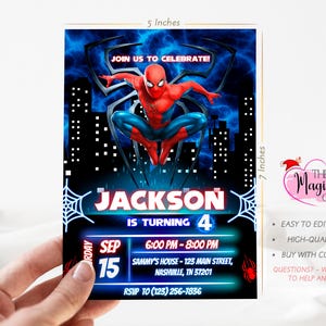 May include: A 12.7 x 17.8 cm invitation card featuring Spider-Man. The card has a blue and black background with the text "JOIN US TO CELEBRATE!" and "JACKSON IS TURNING 4". The date is September 15th, with the time and address listed below.