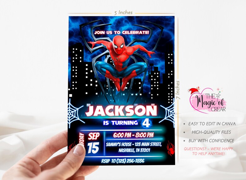 May include: A 12.7 x 17.8 cm invitation card featuring Spider-Man. The card has a blue and black background with the text "JOIN US TO CELEBRATE!" and "JACKSON IS TURNING 4". The date is September 15th, with the time and address listed below.