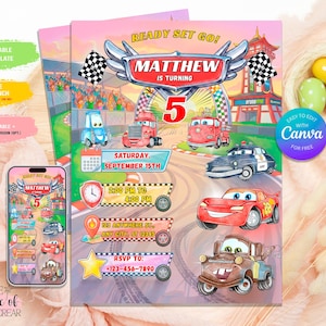 Puede incluir: Una plantilla de invitación de cumpleaños con temática de coches de carreras y el texto Matthew is turning 5. El diseño incluye vehículos de dibujos animados coloridos, banderas a cuadros y un fondo de pista con espacios para los detalles.