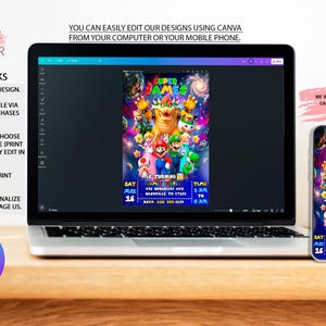 Peut inclure: Un ordinateur portable et un smartphone affichent une invitation color&eacute;e &agrave; une f&ecirc;te d'anniversaire "Super Games" avec des personnages de dessins anim&eacute;s. L'invitation comprend les d&eacute;tails de l'&eacute;v&eacute;nement. L'image montre &eacute;galement comment modifier la conception avec Canva.