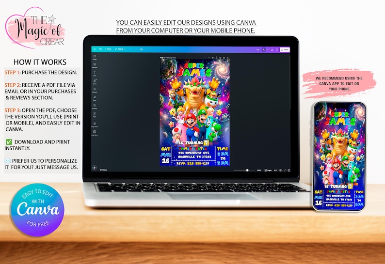 Peut inclure: Un ordinateur portable et un smartphone affichent une invitation color&eacute;e &agrave; une f&ecirc;te d'anniversaire "Super Games" avec des personnages de dessins anim&eacute;s. L'invitation comprend les d&eacute;tails de l'&eacute;v&eacute;nement. L'image montre &eacute;galement comment modifier la conception avec Canva.